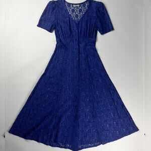 Vintage Blue Lace Maxi Dress with Button Up Front